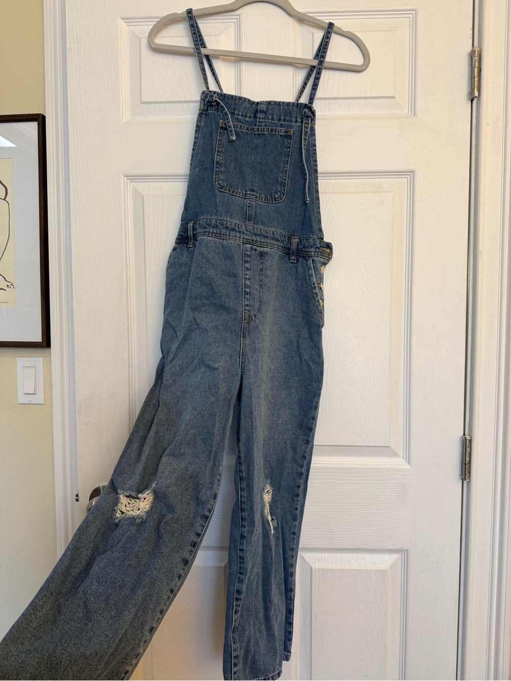 Light Wash Distressed Denim Jumpsuit with Pockets, Adjustable Straps